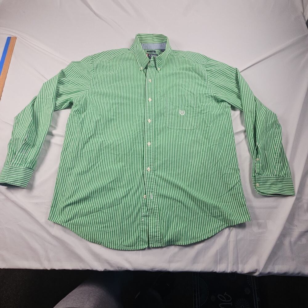Men's Chaps Green White Striped Long Sleeve Button Down Shirt XL